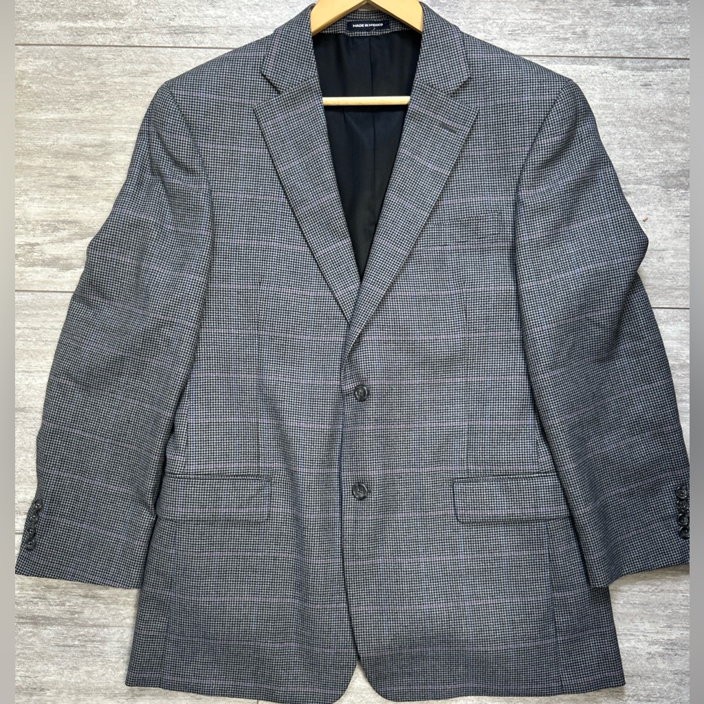 Paul Fredrick Black/Gray Wool Micro Houndstooth Blazer Blue Purple Windowpane